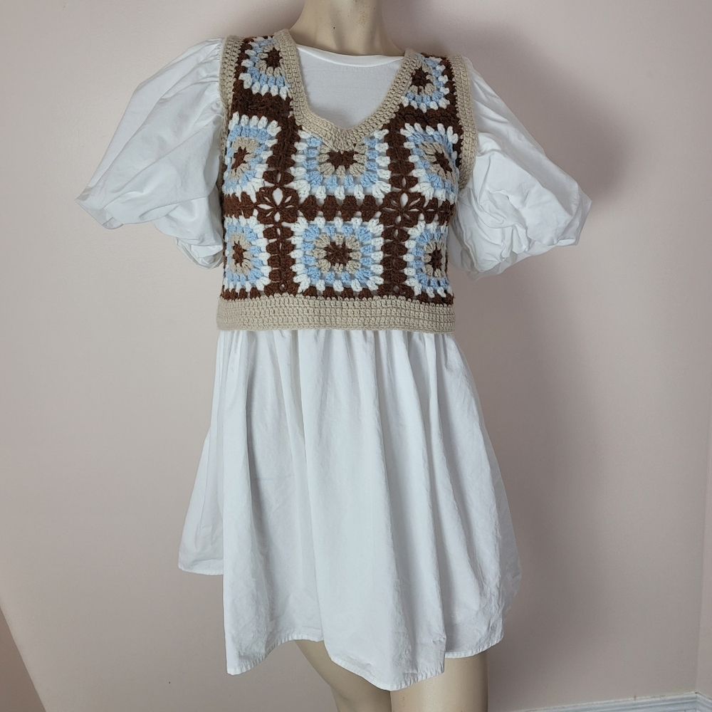 En Saison Evie Mixed Media Puff Sleeve Mini Dress Crochet Vest White Brown Blue